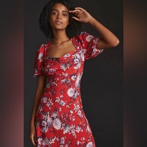 Anthropologie Maeve Women’s Floral Puff Sleeve Maxi High Low Dress Red Small 4
